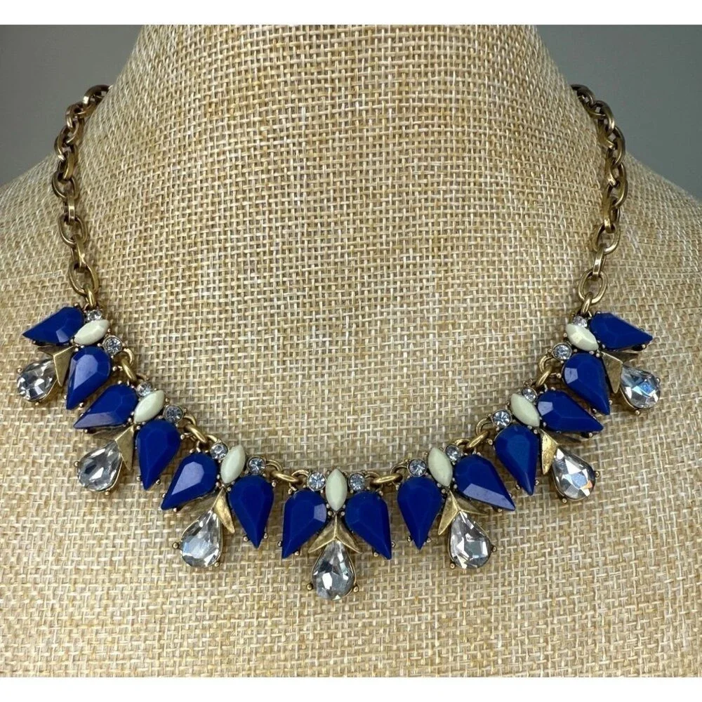 J.Crew Bib Necklace‎ Royal Blue Gold Tone Statement Crystal Geometric Preppy